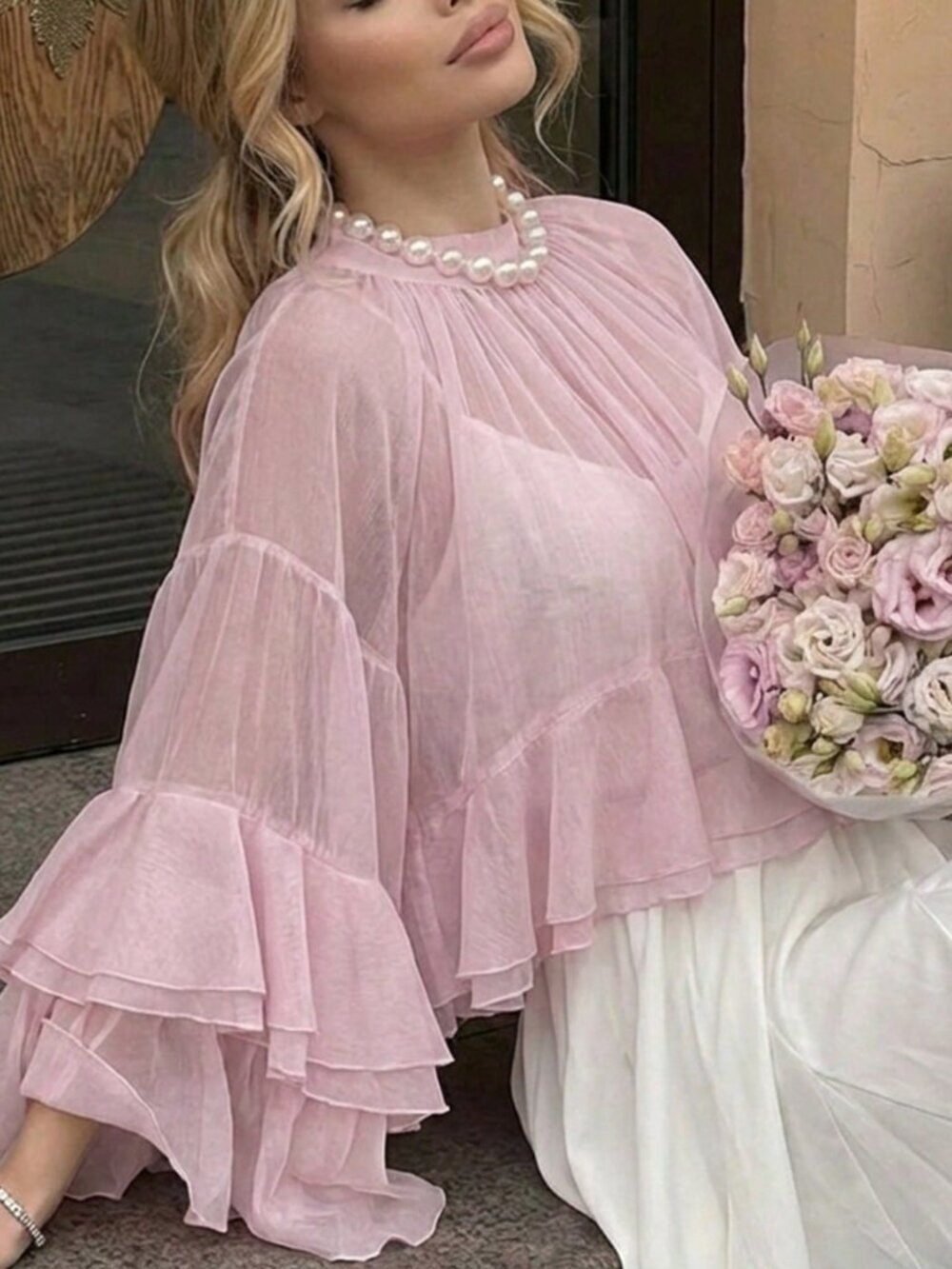 Pink Luxury Elegant Women's Chiffon Ruffle Cuff High Collar Blouse - Picture 8 of 8